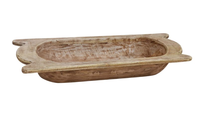 Handcrafted 46cm mango wood bowl with unique grain, perfect for serving salads or snacks and enhancing any dining experience.