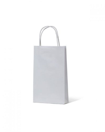White kraft paper toddler bags with twist handle, 20x17cm, recyclable and durable, perfect for parties or events.
