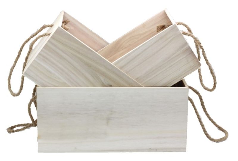 Set of 3 wooden crates in natural finish, varying sizes for stylish storage and organization in any room.