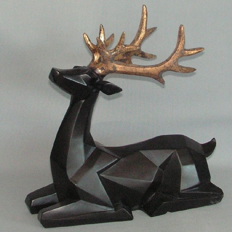 Black Gold Geo Stag Sitting Ornament (30cm) featuring a contemporary geometric design, ideal for modern home decor.