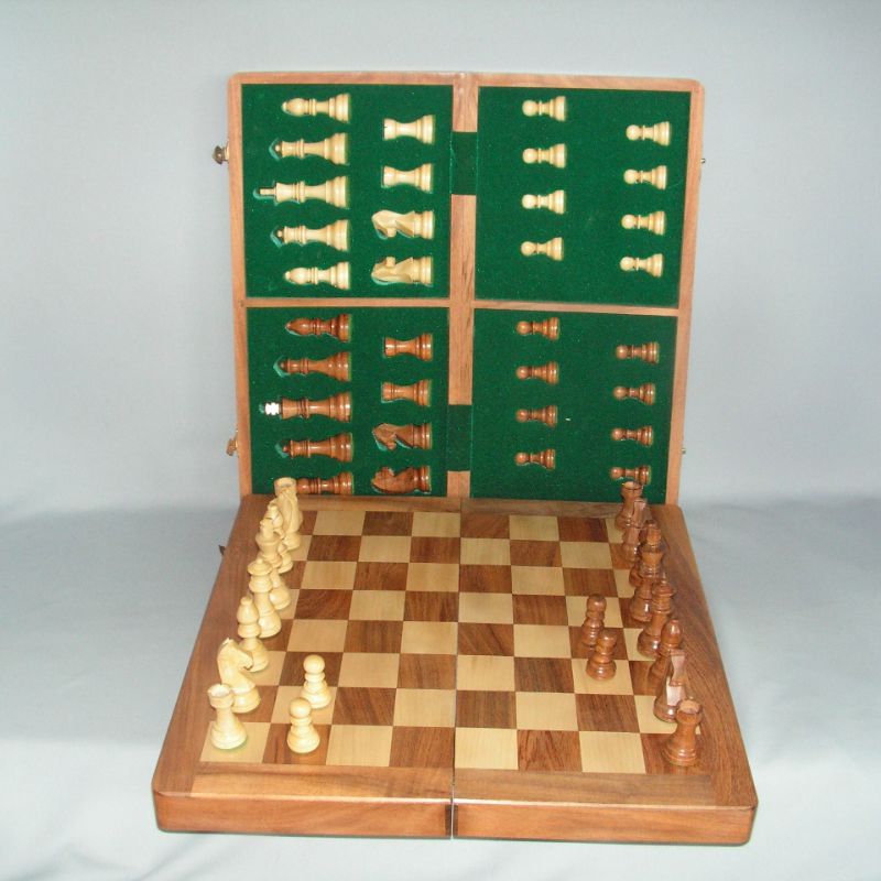 Wooden chess set with 16” folding case, walnut and maple finish, 75mm King, perfect for travel and game nights.