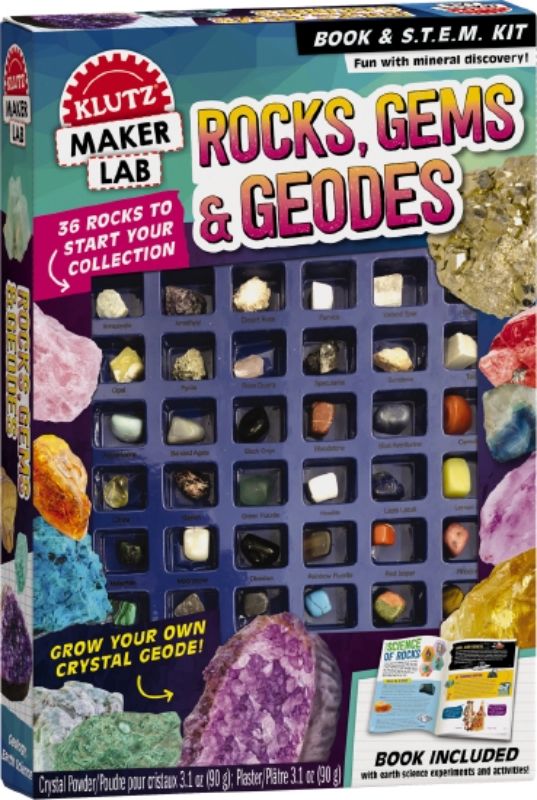 Engaging kids' science kit featuring colorful rocks, gems, and geodes for hands-on exploration and creative learning.