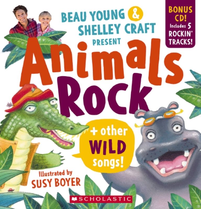 Colorful CD cover for 'Animals Rock + Other Wild Songs!', featuring fun animal-themed tunes for kids and family sing-alongs.