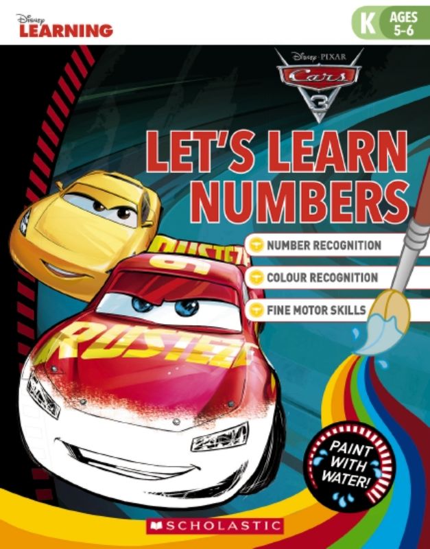 Illustrated activity book featuring Cars 3 characters for kids to learn numbers while painting with water.