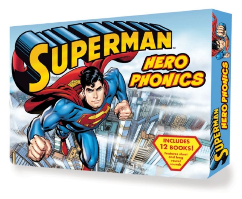 Colorful box set of 12 Superman phonics books designed to enhance early reading skills for children ages 4-8.