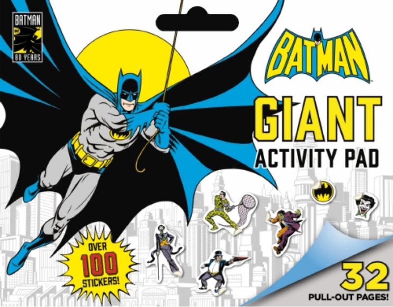 Giant activity pad featuring Batman with colorful illustrations, puzzles, and a carry handle for creative fun on the go.