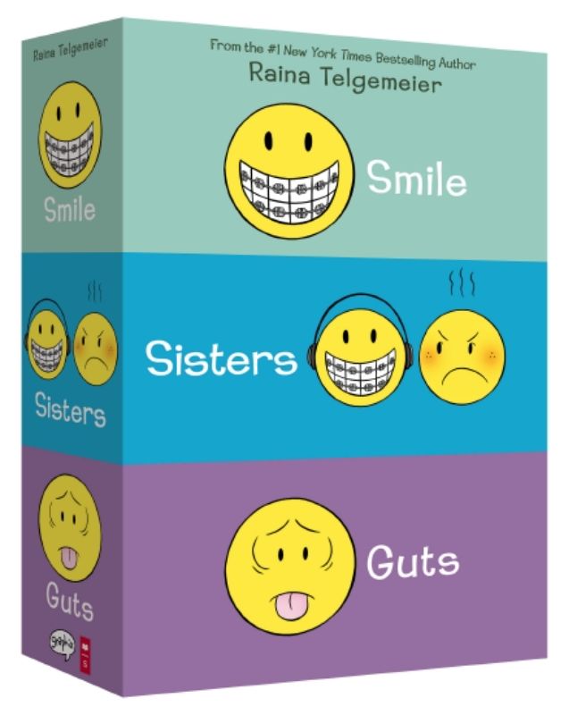 Boxed set of Raina Telgemeier's bestselling graphic novels: "Smile," "Sisters," and "Guts," for young readers.