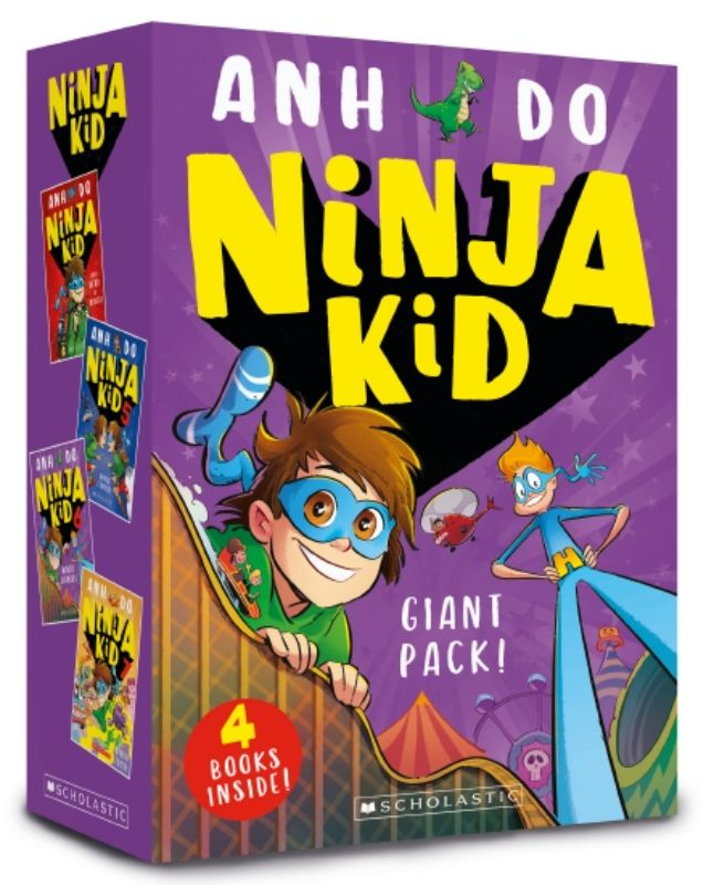 Colorful book pack featuring the adventures of Ninja Kid, ideal for young readers aged 7-12, full of humor and action.