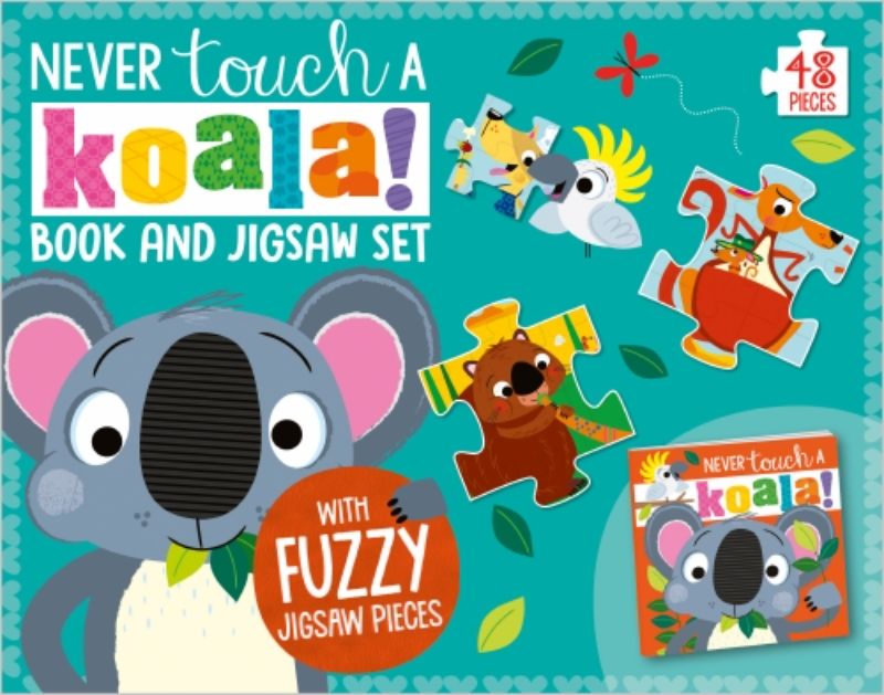 Engaging "Never Touch A Koala" book and jigsaw set with fuzzy pieces for sensory play and fun rhymes for young readers.