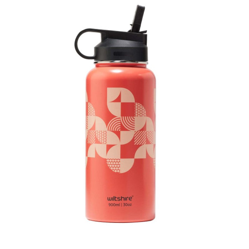 Stylish 900ml stainless steel bottle with flamingo design, double-layer insulation, carry handle, and handy straw for easy sipping.