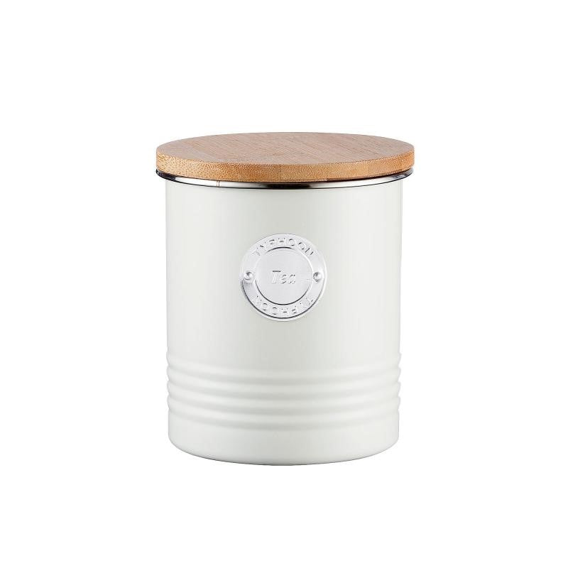 Cream Typhoon Living Tea Canister with bamboo lid, airtight seal for freshness, stylish for organizing tea in the kitchen.