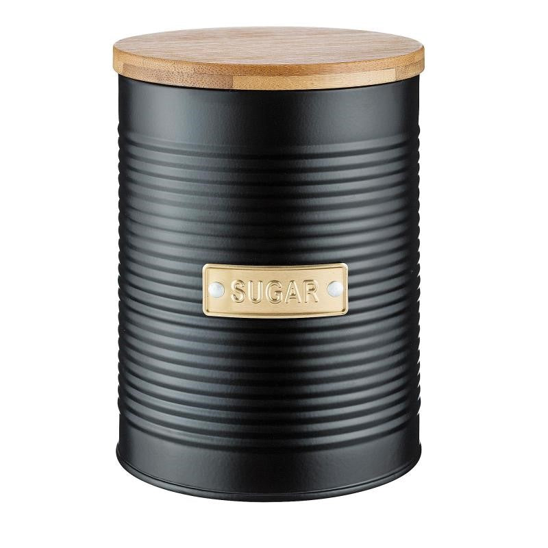 Typhoon Living 1.4L black sugar canister with bamboo lid, airtight seal, and stylish ribbed design for kitchen organization.