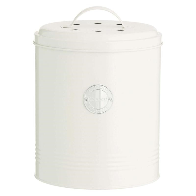 Cream-colored Typhoon Living Compost Caddy, 2.5L capacity, coated steel, removable liner, and odor-reducing filters for kitchen waste.