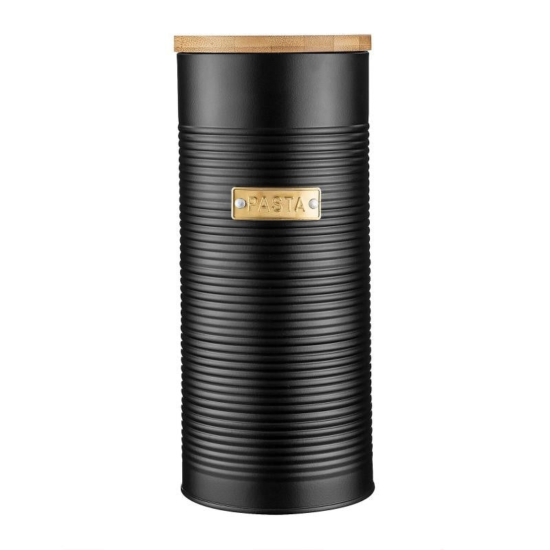 Sleek black 2L pasta storage canister made from sustainable bamboo with a silicone seal for freshness and pest protection.