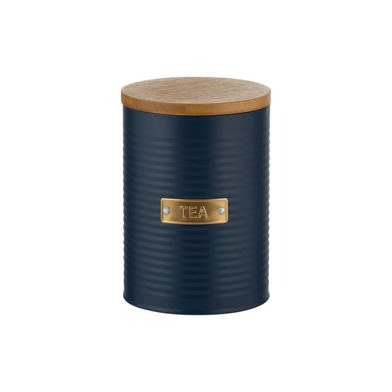 Navy tea storage canister with ribbed design, bamboo lid, and airtight seal for fresh tea, capacity 1.4L.