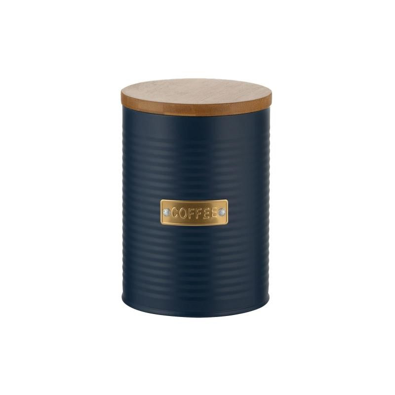Navy 1.4L Otto coffee storage canister with ribbed design, bamboo lid, and gold-tone badge for stylish kitchen organization.
