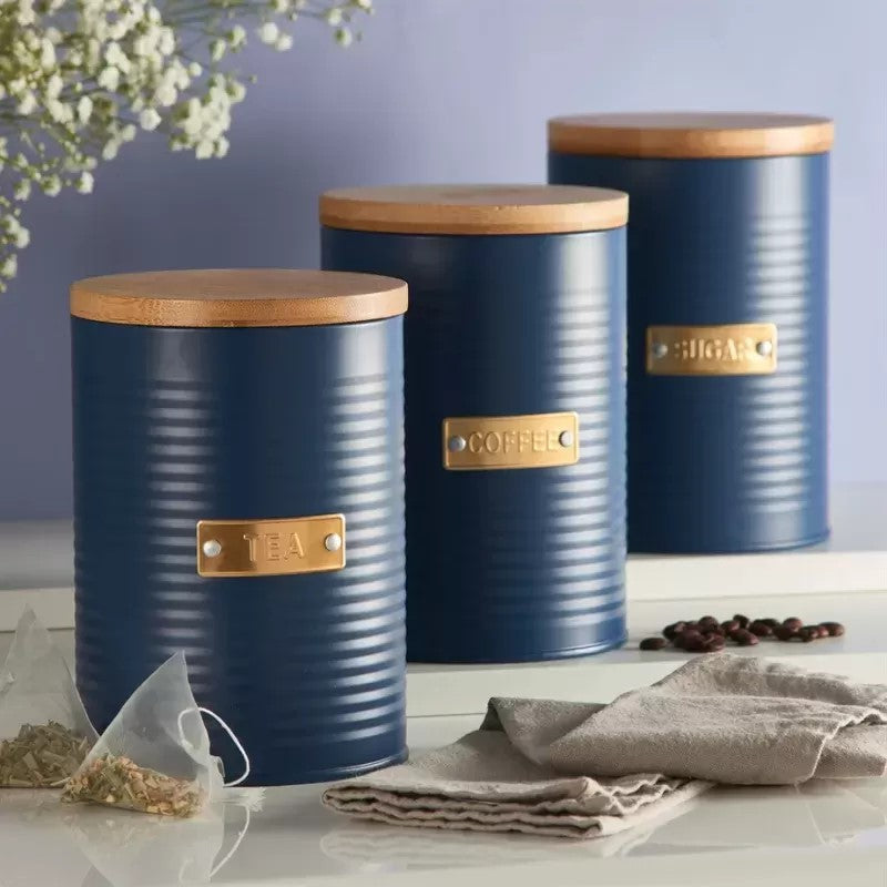 Navy 1.4L Typhoon Living Otto sugar canister with ribbed design and airtight bamboo lid for stylish kitchen organization.