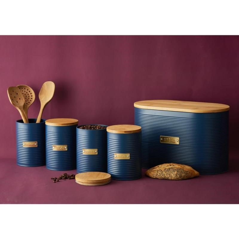 Navy 1.4L Typhoon Living Otto Sugar Storage canister with ribbed design, bamboo lid, and gold-tone badge for stylish kitchen organization.