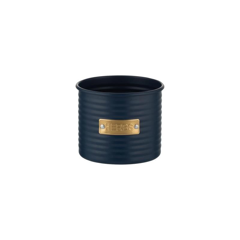 Navy herb pot with ribbed design and gold-tone 'herb' badge, perfect for growing and organizing fresh herbs.