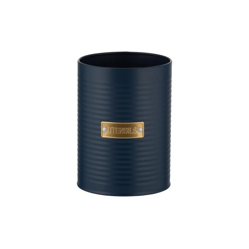 Navy 1.4L utensil pot with ribbed exterior and gold 'utensil' badge, perfect for organizing kitchen tools stylishly.