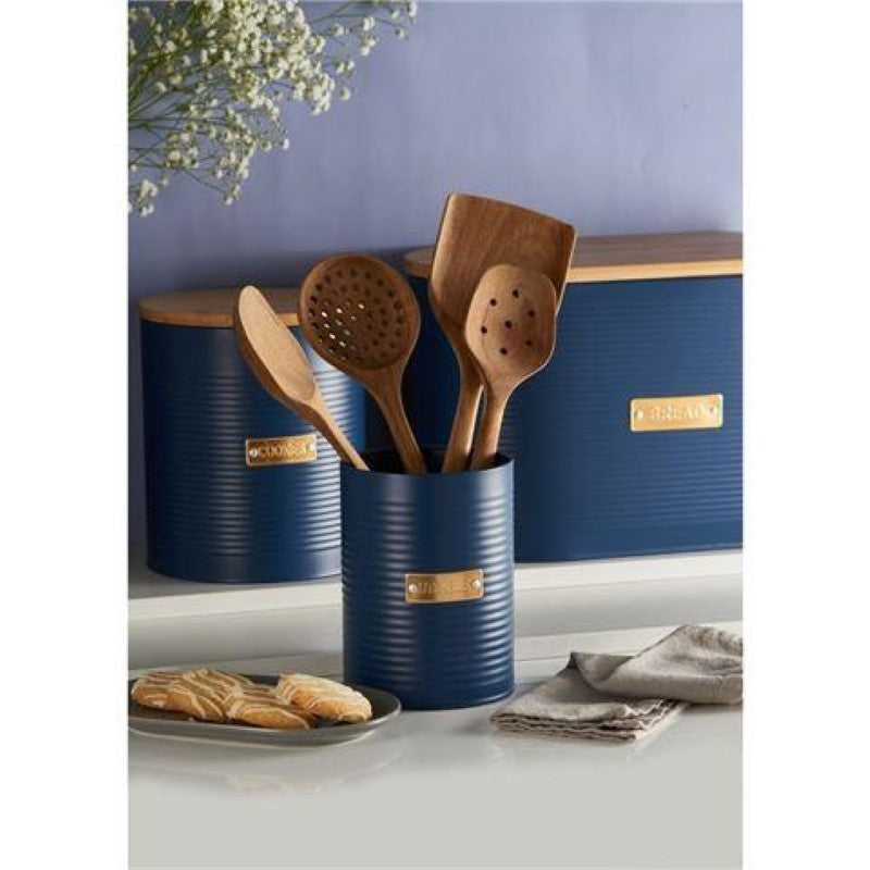 Navy Typhoon Living Otto Utensil Pot with ribbed design and gold 'utensil' badge, perfect for organizing kitchen tools.