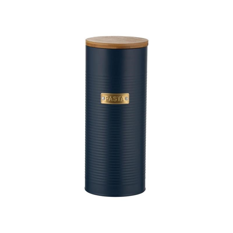 Navy 2L pasta storage canister with ribbed design, gold 'pasta' badge, and airtight bamboo lid for freshness.