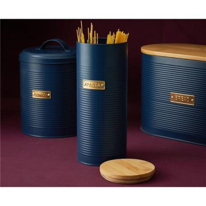 Navy 2L pasta storage canister with ribbed design, gold 'pasta' badge, and airtight bamboo lid for freshness.