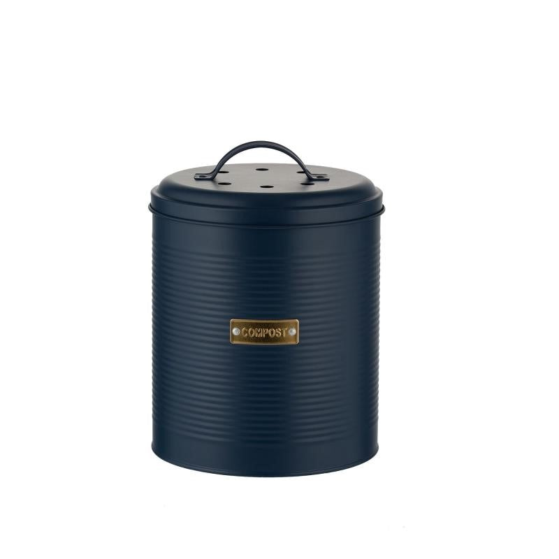 Navy 2.5L Typhoon Living Otto Compost Bin with ribbed design and bamboo lid, featuring a gold 'compost' badge and carbon filters.