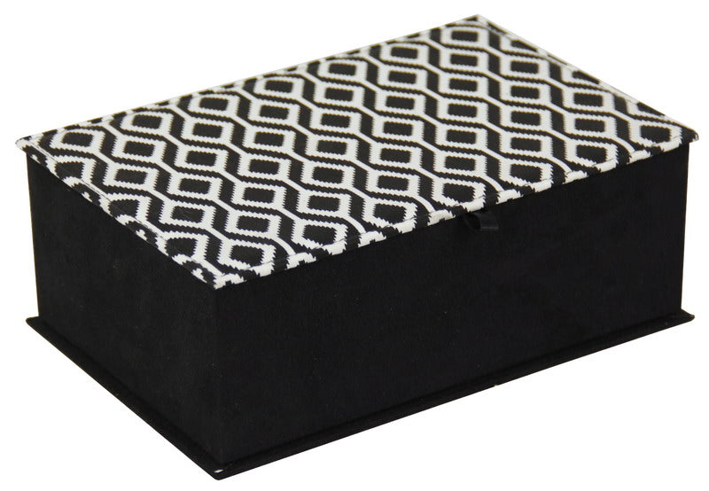 Elegant black and white jewellery box with multiple compartments for organized storage of earrings, necklaces, and bracelets.