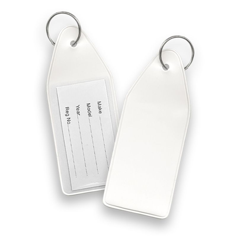 White vinyl key tags, 8.3cm, set of 10, with removable inserts for easy labeling and organization of keys and items.