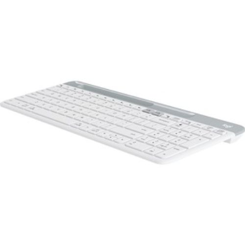 Logitech K580 ultra-thin keyboard with Bluetooth and RF connectivity, designed for multitasking between devices, featuring a phone cradle.