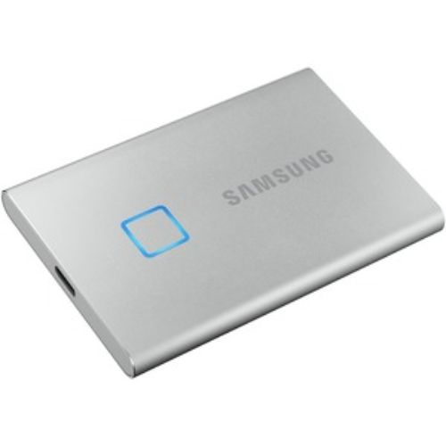 Samsung T7 2 TB Portable SSD in silver, offers fast data transfer, fingerprint security, and durable construction for gamers.