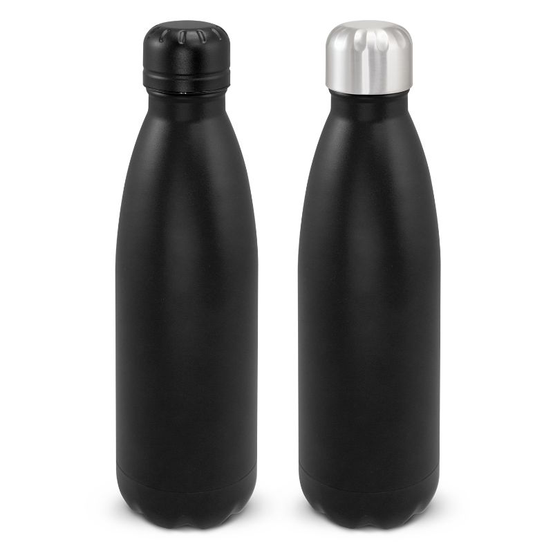 Sleek black 500ml vacuum bottle with powder-coated finish, keeps drinks cold for 24 hours and hot for 12 hours.