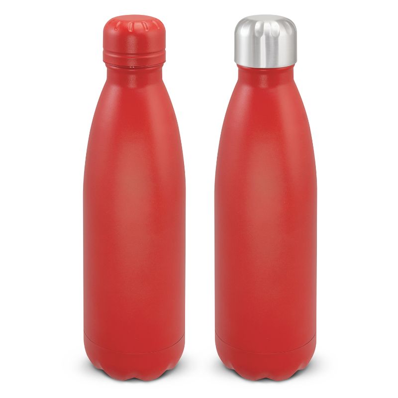 Red insulated vacuum bottle with a stylish powder coated finish, keeping beverages hot for 12 hours and cold for 24 hours.
