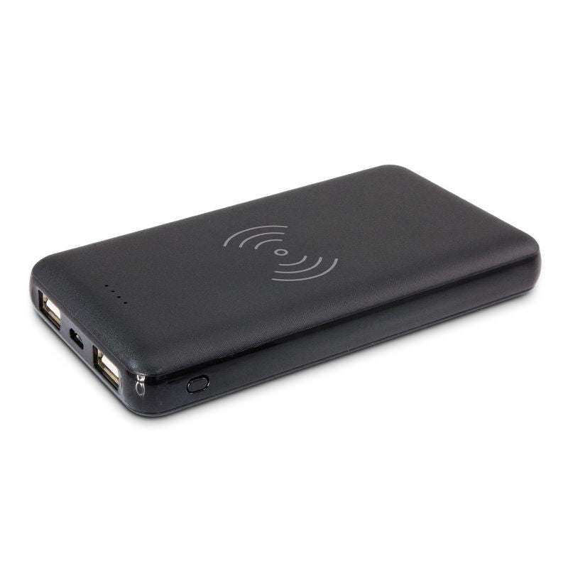 Sleek black wireless charging power bank with 10,000mAh capacity, dual outlet ports, and a handy power gauge.