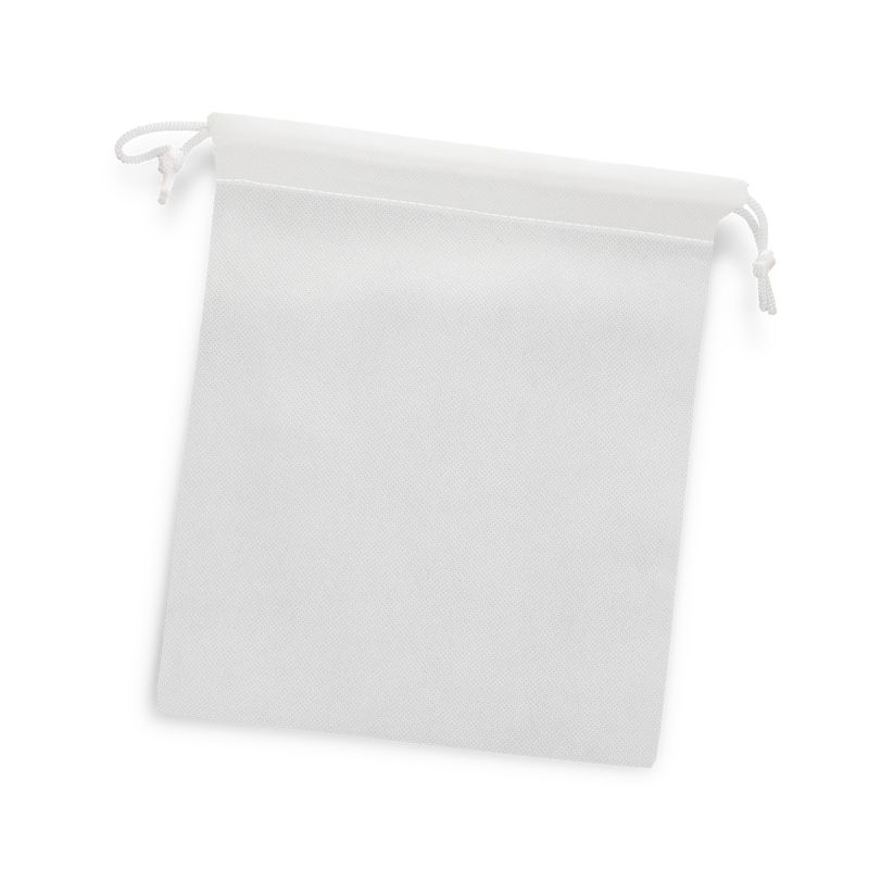 Set of 10 medium white drawstring gift bags, 25.3cm tall, made of durable eco-friendly material for stylish gifting.