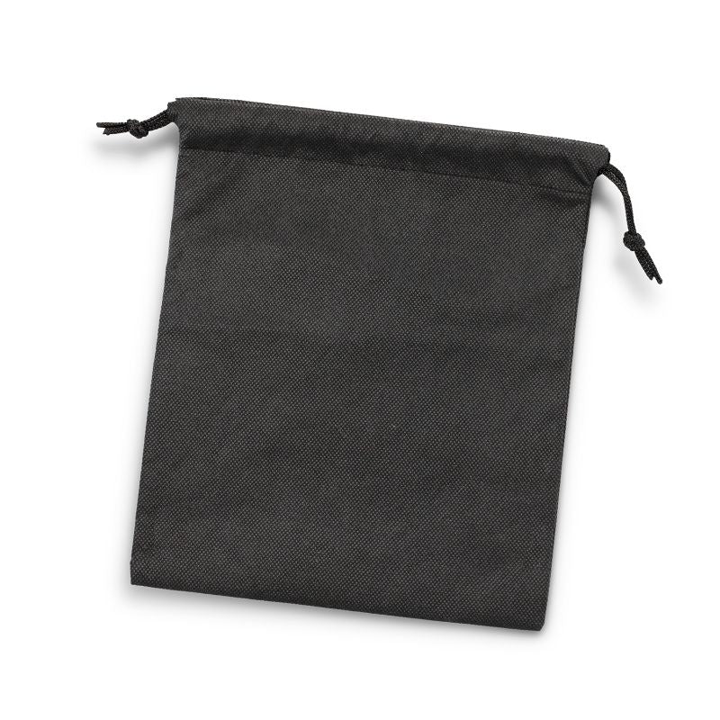 Medium black drawstring gift bags measuring 25.3cm x 21.5cm, set of 10, made from eco-friendly polypropylene.