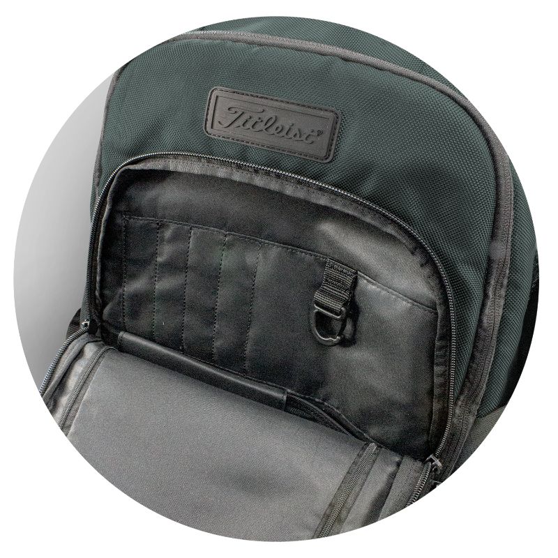 Charcoal Titleist Players Backpack featuring durable polyester, ample storage, and adjustable straps for golfers and travelers.