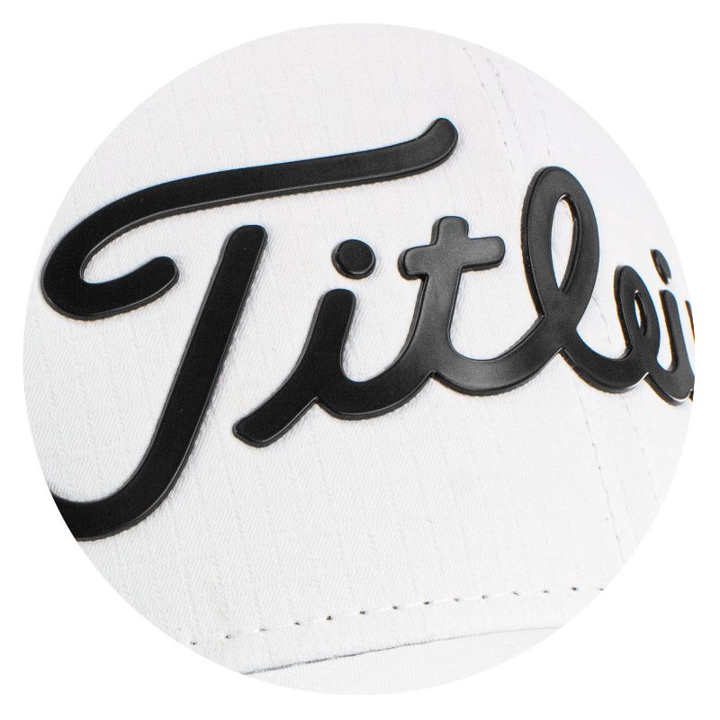 White Titleist Performance Ball Marker Cap with moisture-wicking fabric, UV protection, and integrated ball marker for golfers.