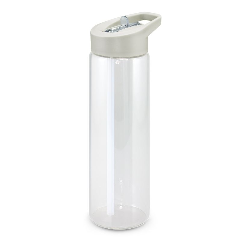 Stylish clear 700ml borosilicate glass bottle with a screw-on lid, carry handle, and flip-out straw for easy hydration.