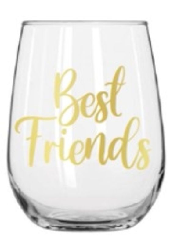 Stemless wine glass with 'Best Friends' design, 430ml capacity, perfect for wine and cocktails, ideal for gifting.