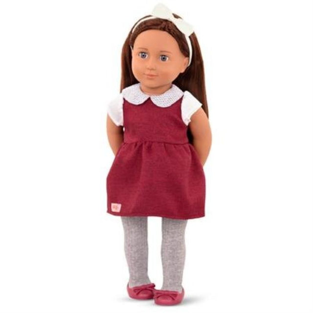 18-inch Our Generation doll Milana with blue eyes, brown hair, white bow, red dress, and grey stockings for festive play.