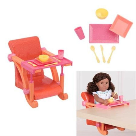 Pink and stars clip-on chair for Our Generation dolls, includes dining accessories for imaginative play.