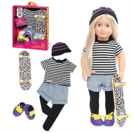Colorful skater outfit for 18-inch dolls, includes hat, t-shirt, shorts, tights, skateboard, and shoes for imaginative play.