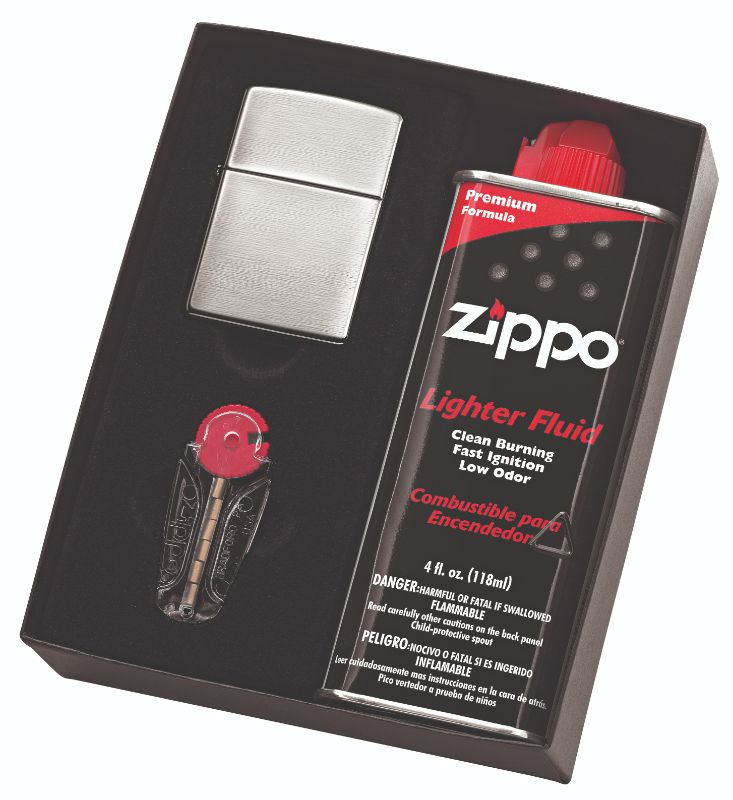 Brushed chrome Zippo lighter featuring windproof design, refillable convenience, and lifetime guarantee for reliability.