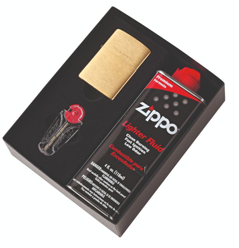 Brushed brass Zippo lighter #204, durable, windproof design, refillable, with classic flip-open feature, made in USA.