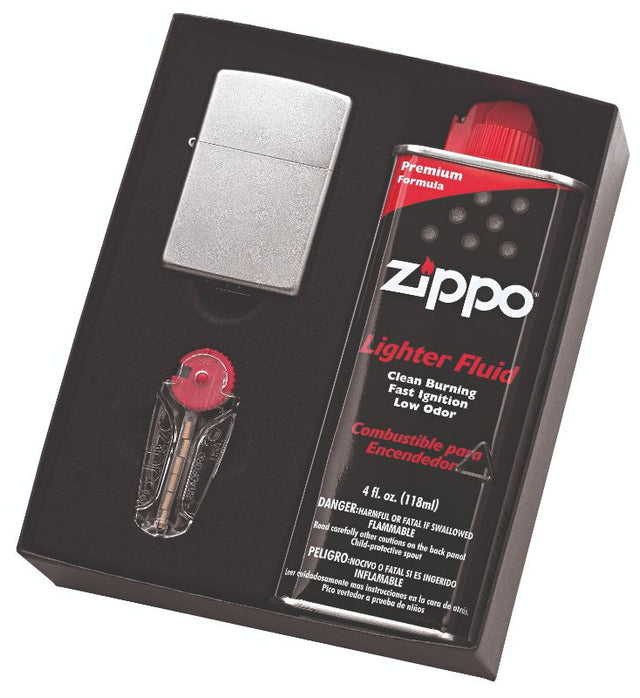 Satin chrome Zippo lighter featuring all-metal construction, refillable design, and iconic windproof reliability.