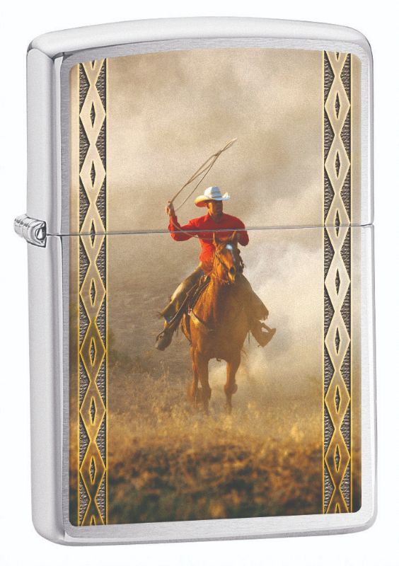 Zippo Roundup lighter in brushed chrome, durable, refillable, windproof, with a classic design and lifetime guarantee.