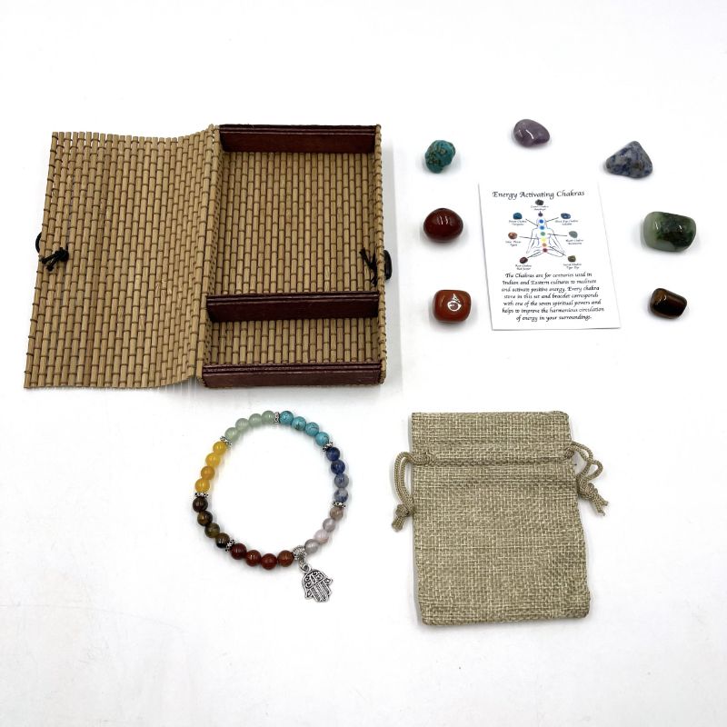 Chakra Stone Bracelet Set -  Hamsa Charm/ Chakra Tumbles