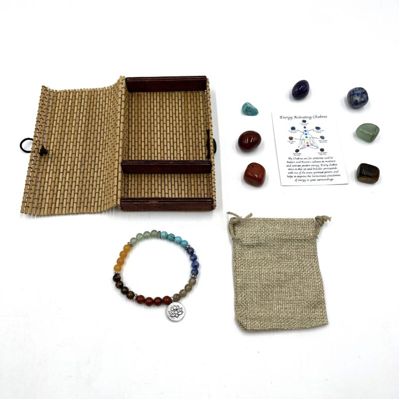 Chakra Stone Bracelet Set -  Lotus Charm/ Chakra Tumbles